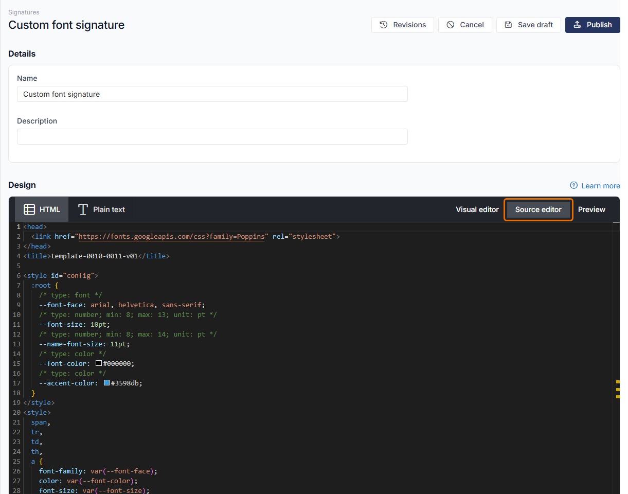 Signature editor with the Source editor button highlighted above the design area, showing the HTML source.