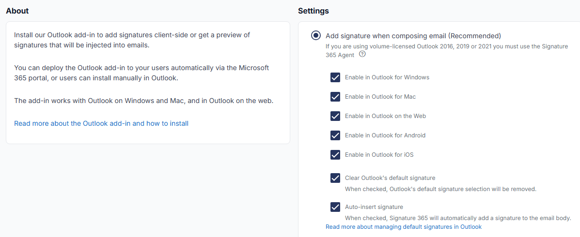 Outlook add-in settings showing the Clear Outlook's default signature and Auto-insert signature options, with a note that volume-licensed Outlook 2016, 2019 or 2021 requires the Signature 365 Agent.