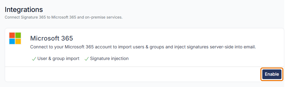 The Integrations page with the Microsoft 365 card and its Enable button highlighted.