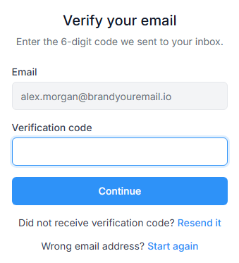 The Verify your email page with the email address shown, an empty Verification code field and the Continue button.
