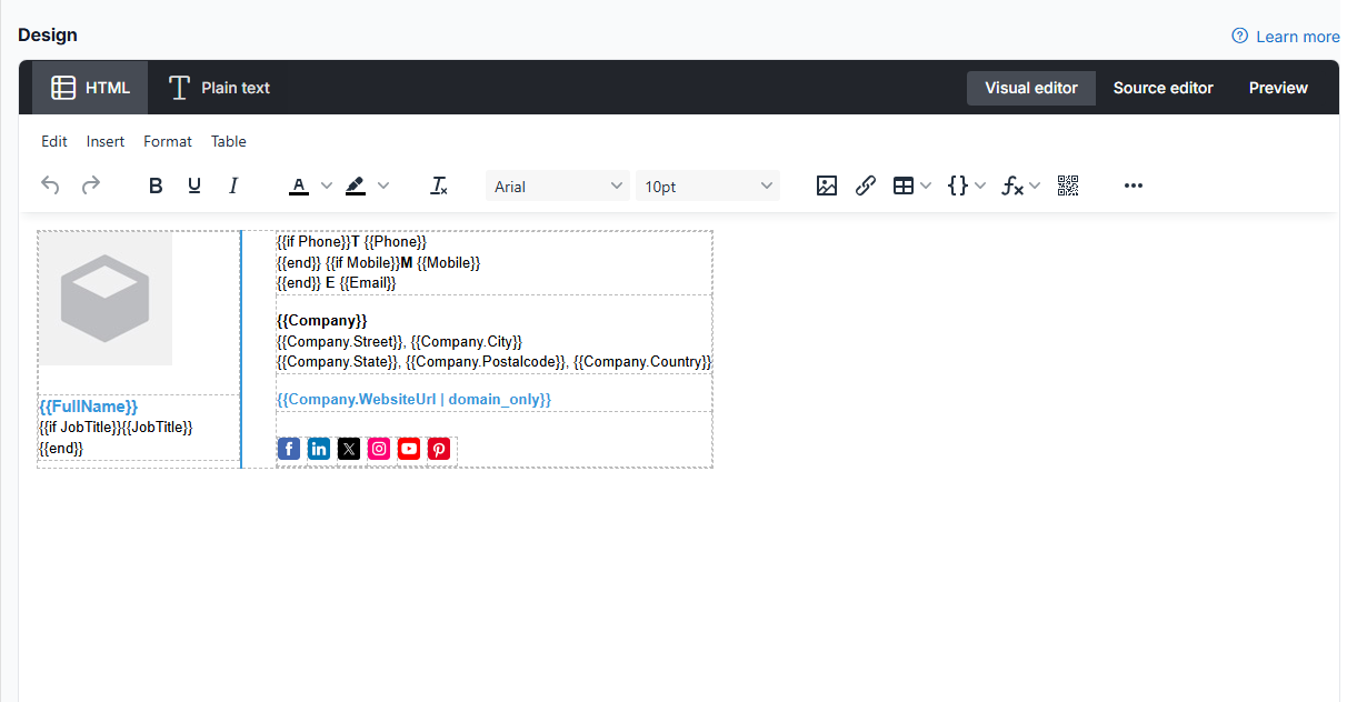 Signature 365 template editor with the HTML and Plain text tabs, the Visual editor, Source editor and Preview buttons, and the menu and toolbar above a signature design.