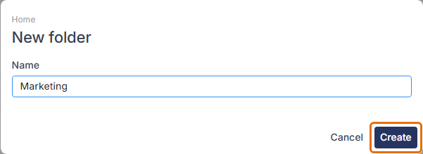 New folder dialog with the name Marketing entered and the Create button highlighted.